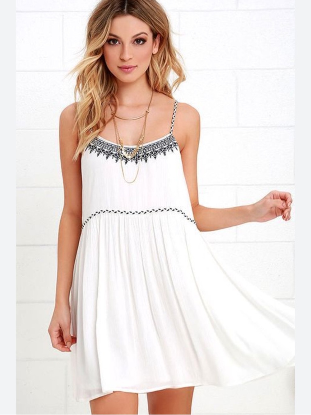 Lulu's White Mini Dress with Black Embroidered Trim sz M